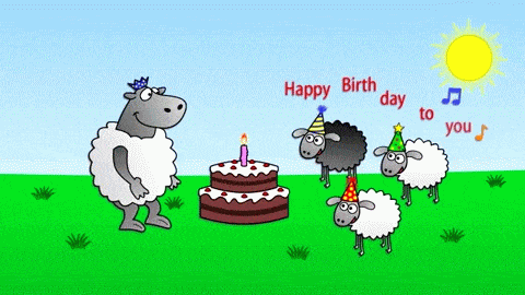 Happy Birthday - funny animated sheep cartoon (Happy Birthday song with  cake !!) animated gif