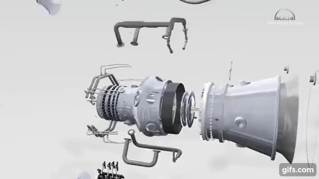 3D animation of industrial gas turbine working principle animated gif